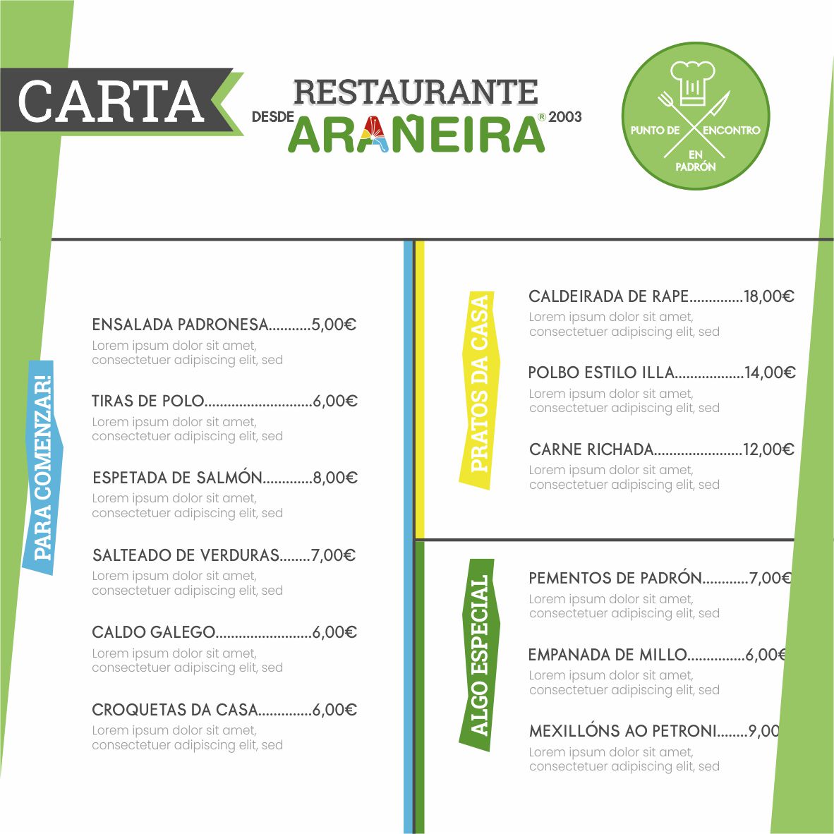 Carta digital de ejemplo del Restaurante Arañeira en Padrón